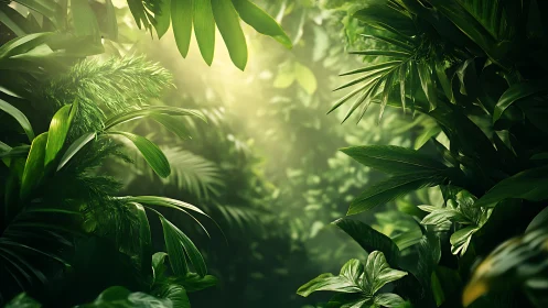 Lush jungle foliage backlit by golden sunlight filtering through canopy