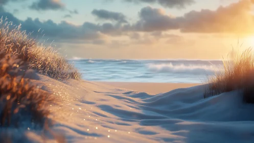 Sunlit coastal dunes with frosted grass at winter sunrise.