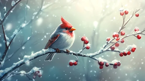 Vibrant cardinal on snowy berry branch, digital winter illustration.