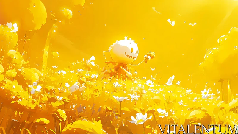 Sunlit pumpkin creature admires wildflowers in golden field