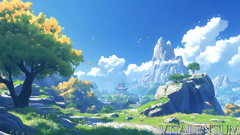 Sunlit stylized mountain landscape renders serene pagoda view