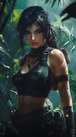 Digital rendering depicts armed woman standing in wet jungle