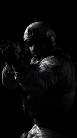 Tactical soldier aims rifle in dark, high contrast lighting