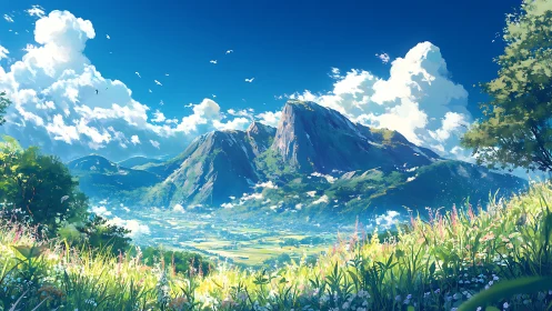 Vivid summer valley and towering blue mountains under clouds.