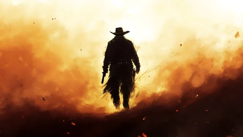 Lone gunslinger silhouette crossing burning frontier.
