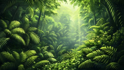 Dense Jungle Canopy With Sunlit Pathway.