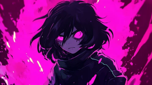 Dark haired figure glows inside intense neon magenta aura