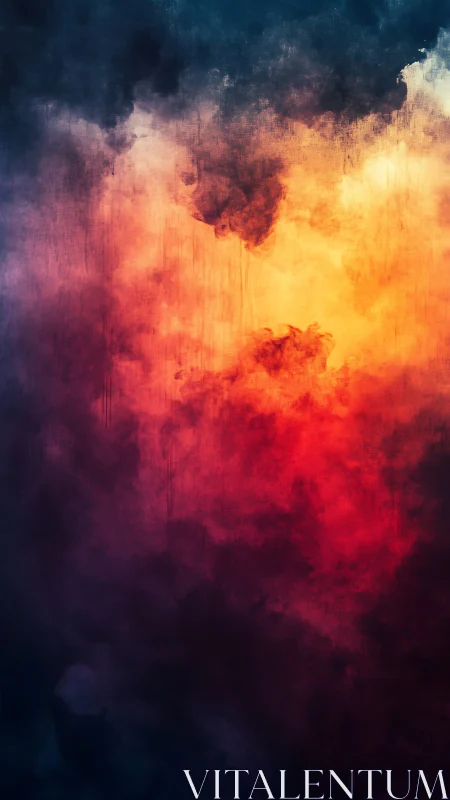 Abstract vertical cloudscape in red, orange and blue tones.