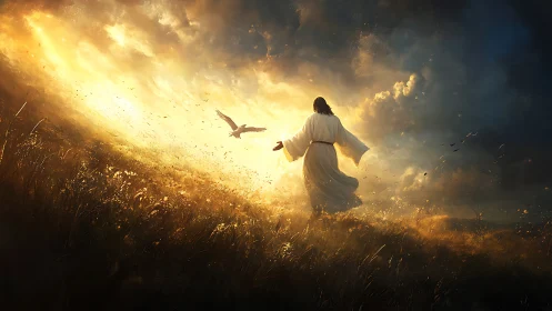 Figure in white robe walking toward glowing sky on hill.