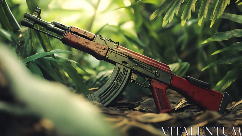 Rifle with wooden stock positioned on jungle forest floor.