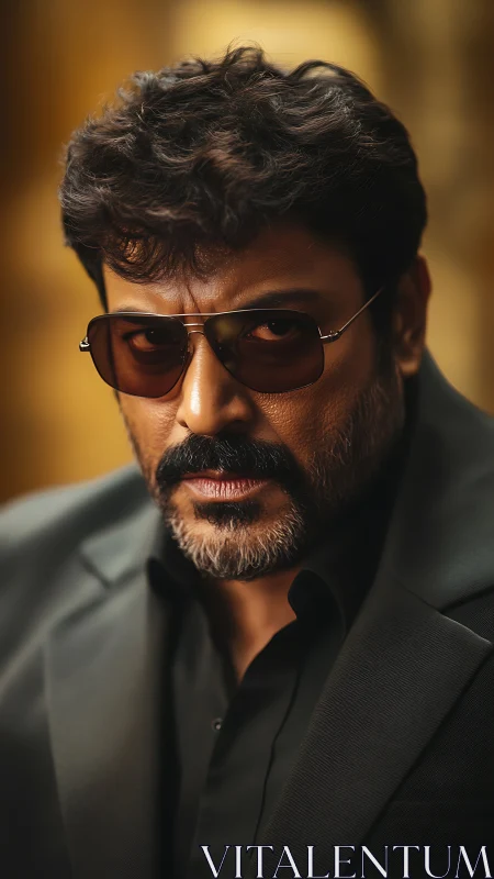 Middle-aged man in dark suit and sunglasses portrait.