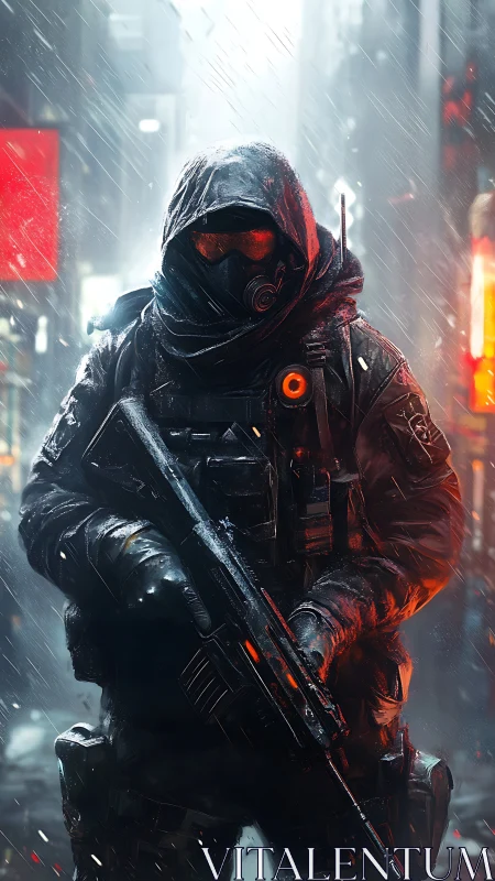 Heavily armed urban soldier in rain soaked futuristic street.