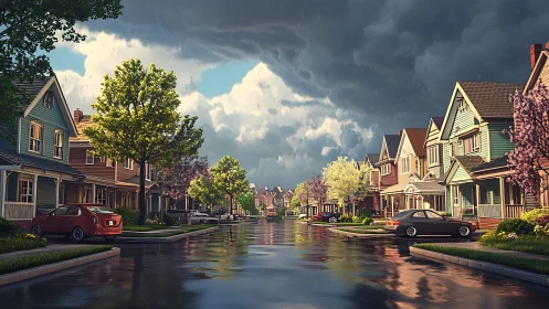 Suburban street under receding storm clouds with reflective wet asphalt