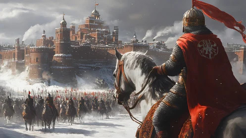 Mounted armored leader surveying winter fortress approach.