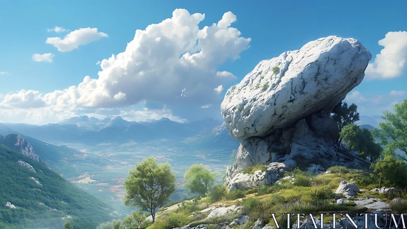 Colossal white boulder above lush valley under bright sky.