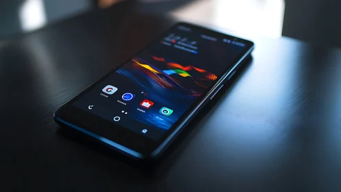 Smartphone Displaying Tech Interface on Desk