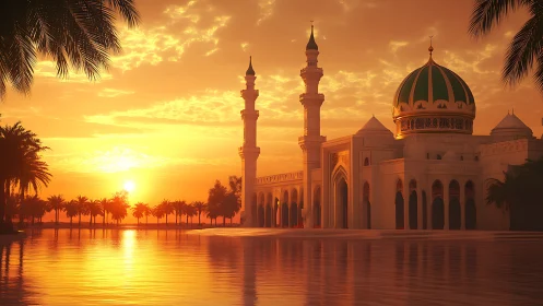 Golden dusk crowns a serene mosque beside mirrored waters