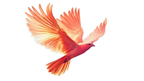 Vibrant coral bird soars with translucent wings in light