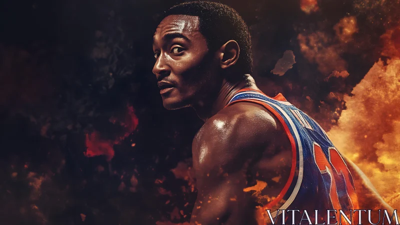 Intense basketball player portrait in fiery action scene.