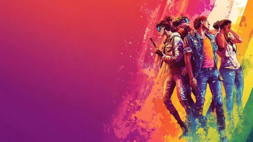 Neon-clad youth stand in vaporwave gradients with dynamic splatter