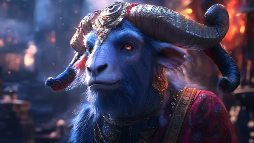 Regal blue horned creature gazes softly through ember-lit dusk