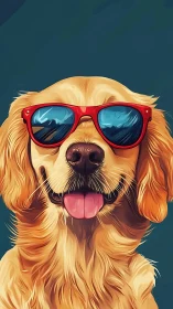 Golden retriever portrait in red sunglasses, stylized vector