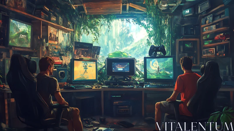 Dual gaming workstation in overgrown interior studio space.