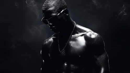 Moody portrait captures a strong shirtless man in glossy light