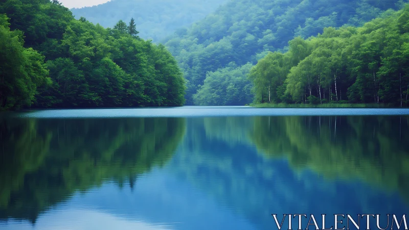 Calm forest lake reflects dense green mountainside