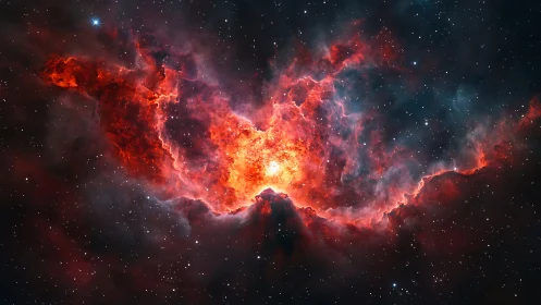 Stellar nebula eruption in crimson and cyan gases.