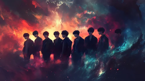 Silhouetted figures in nebula-like abstract color field.