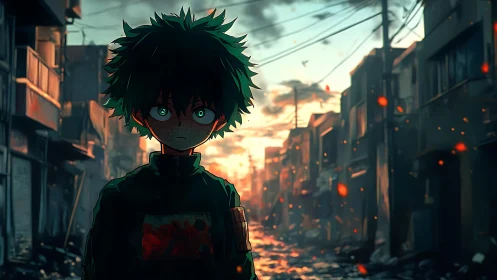 Somber green haired boy stands in a glowing ruined street