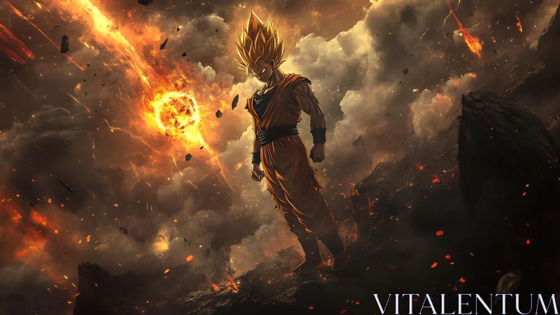 Golden haired warrior stands in fiery ruined landscape.