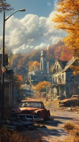 Autumn post-apocalyptic town street with rusted cars scene.