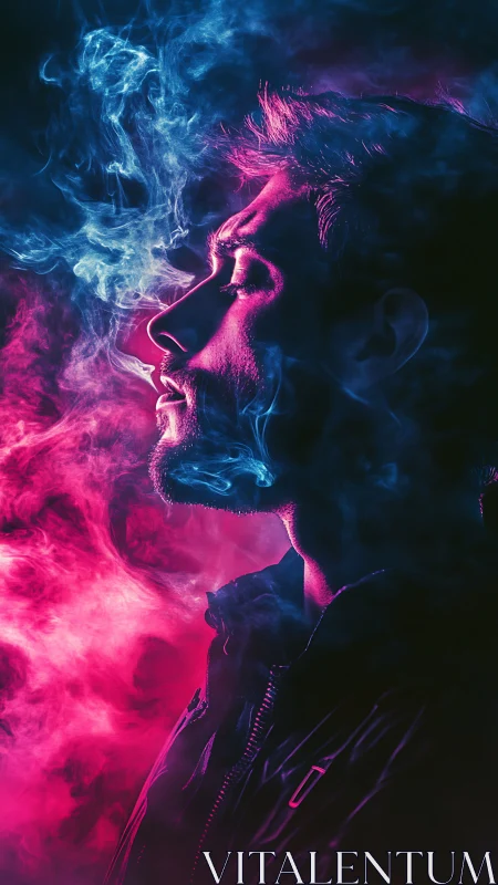 Man in neon smoke exhales in moody cyberpunk glow