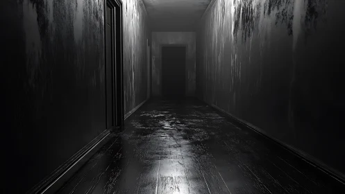 Midnight corridor glistens toward a silent, ominous doorway.