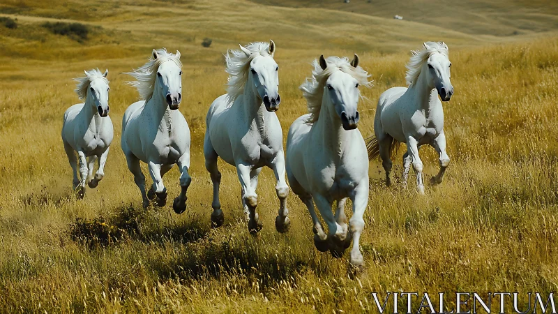 Five white horses galloping through sunlit golden grassland