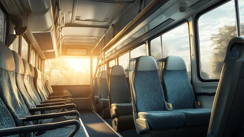 Sunlit empty bus aisle caught in quiet golden pause.