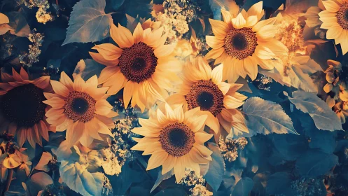 Warm golden sunflowers over cool blue foliage background