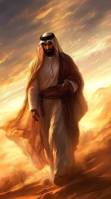 Digital painting of robed desert figure in luminous stormscape.