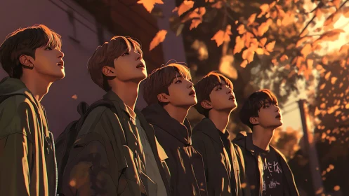 Autumn-lit youth group gazing upward in warm twilight glow.