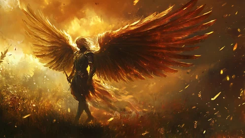 Radiant fire-winged angel strides through a glowing golden storm