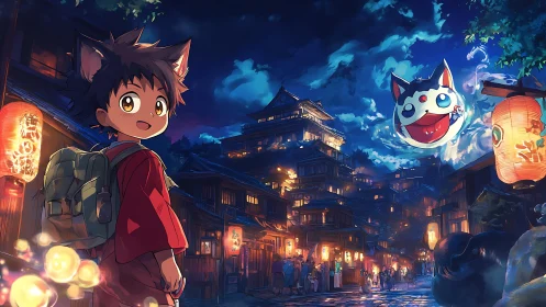 Cat-eared boy walks through lantern-lit night festival street