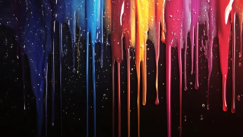 Colorful paint drips cascading over deep black backdrop.