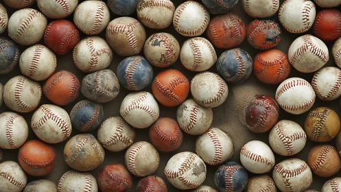 Collection of worn multicolored baseballs in tight arrangement.