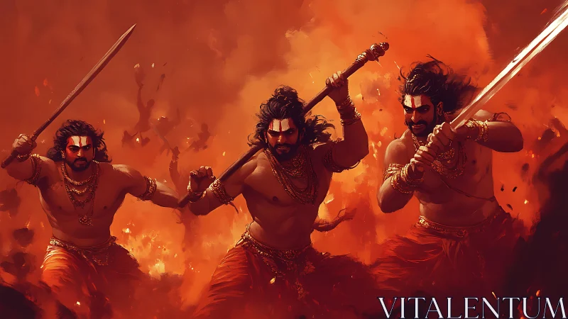 Three mythic warriors charge forward through intense flames