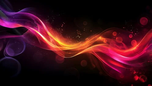 Neon light waves on black background with glowing particles.