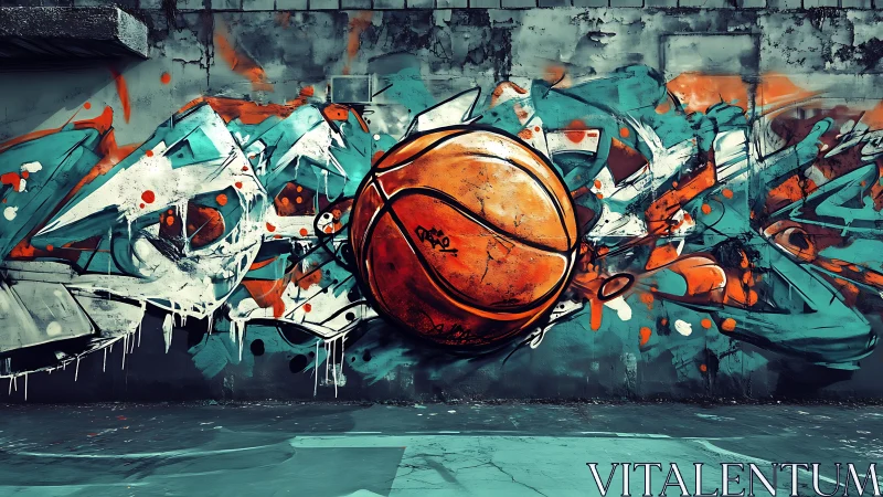 Dynamic street art wall with central basketball focal point.