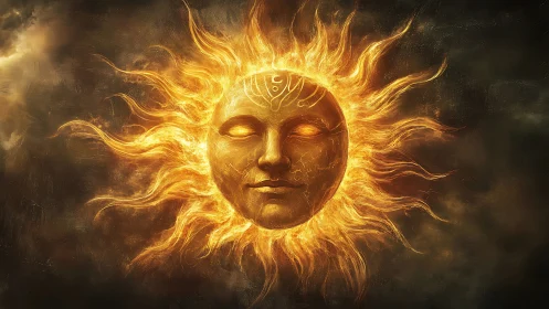 Solar deity drifting in molten gold serenity.