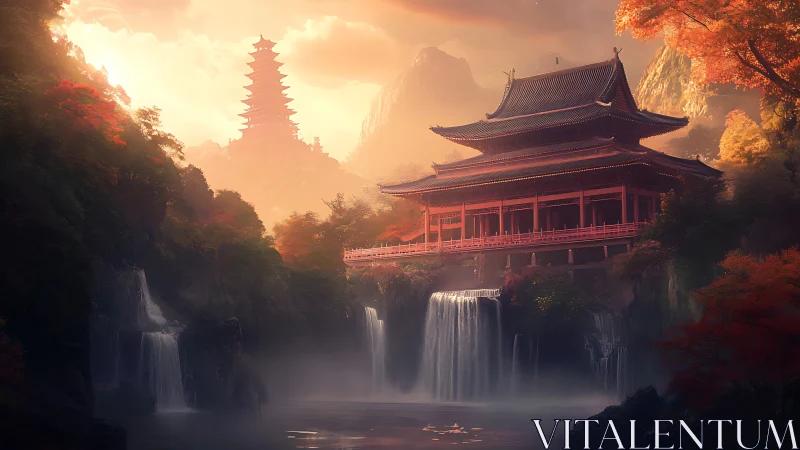 Temple complex overlooks waterfalls in misty autumn valley